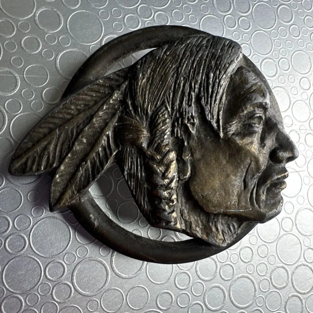 Vintage 1976 CDC Metalworks Native American Chief Belt Buckle Brass Bronze Tone